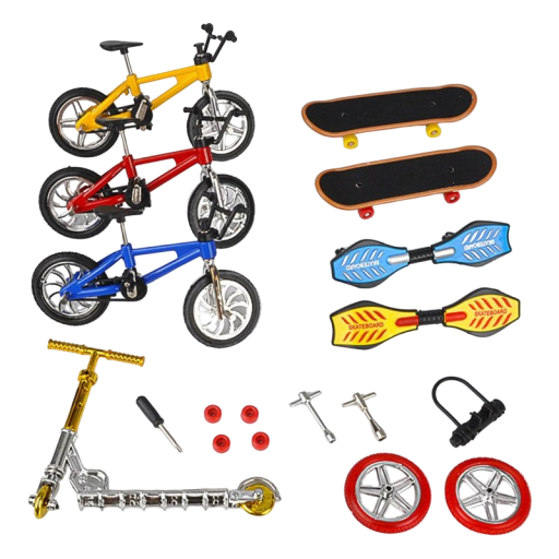 Set aus Mini-Skateboard, Roller und Fahrrad