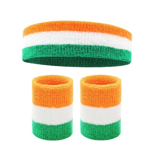 Set aus Stirnband und zwei Sportarmbändern in leuchtenden Farben. Saugfähiges Baumwollmaterial für Laufen, Training, Radfahren und Ballsport.