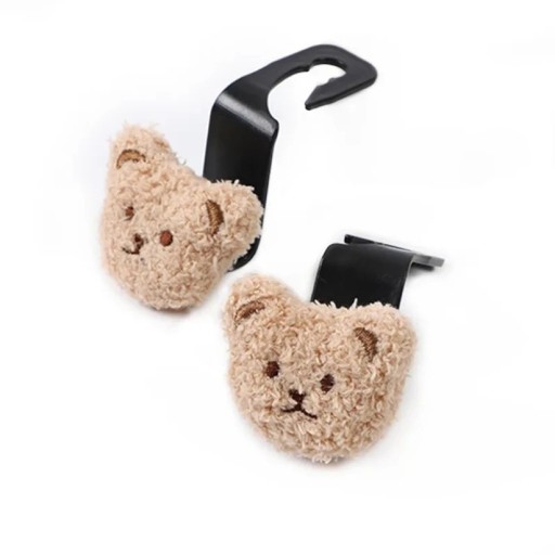 Set aus zwei Auto-Haltern mit einem Plüschbärenkopf für die Kopfstütze, Kunststoffhaken für Handtaschen, Brillen, Kleidung und Kleinigkeiten