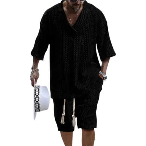 Set bărbați tricou și pantaloni scurți cu model tricotat și decolteu în V din poliester Șnur în talie Croi lejer Îmbrăcăminte de vară pentru plajă și ieșiri
