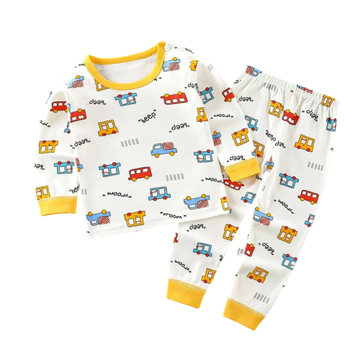 Set bianco per bambini con stampa di automobili, maglietta a maniche lunghe e pantaloni con elastico, completo unisex in cotone comodo