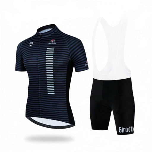 Set ciclism bărbați cu tricou cu mânecă scurtă și pantaloni scurți cu bretele albe și inserție 90 % poliester și 10 % Lycra cu dungi albastre