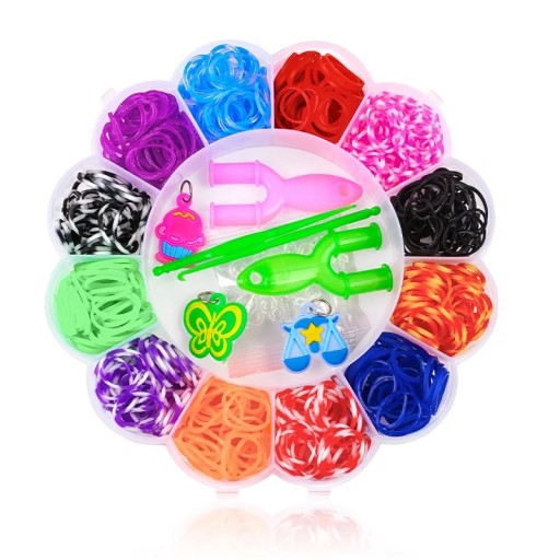 Set creativ pentru fabricarea bijuteriilor 600 de bucăți Ambalaj în formă de floare Elastic colorat Cauciuc și plastic Cu accesorii pentru brățări, coliere și decorațiuni