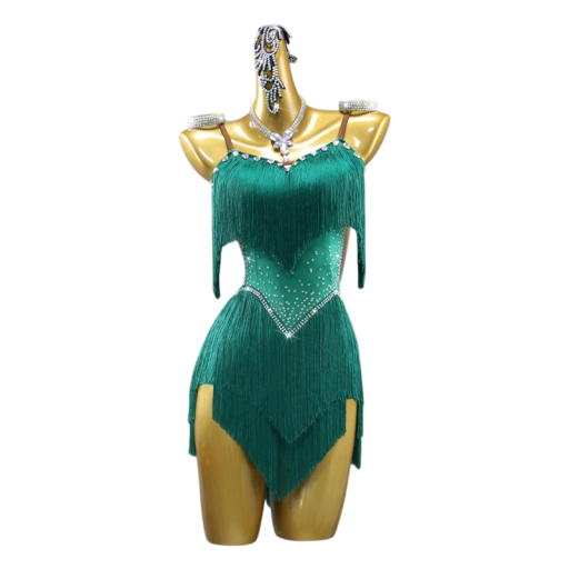 Set da ballo da donna con abito frangiato e strass, collana, bracciali e cerchietto, nylon elastan, per latino e spettacoli