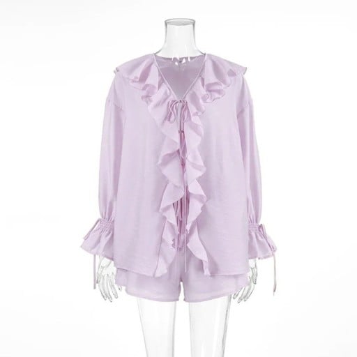 Set damă bluză și pantaloni scurți Bluza cu volane și mânecă lungă Șnur ajustabil în talie Poliester Compleu de vară în două piese pentru uz cotidian