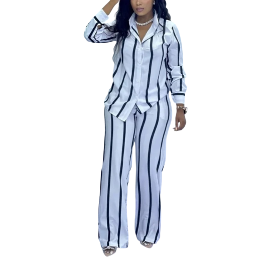 Set damă cămașă și pantaloni cu mânecă lungă, guler de cămașă și nasturi, dungi verticale, pantaloni largi, poliester, pentru timp liber și ocazii
