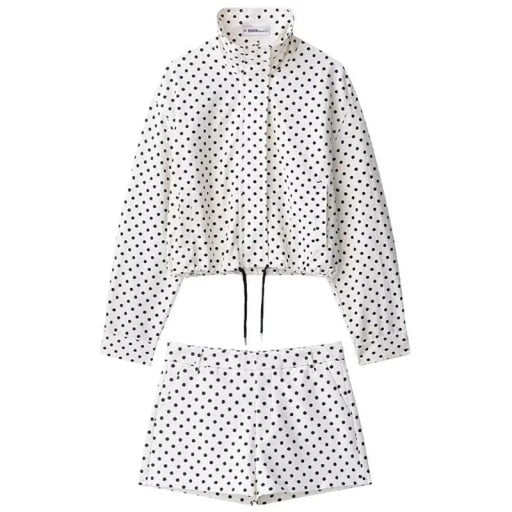 Set damă cu jachetă și pantaloni scurți cu buline, guler și strângere cu șnururi din poliester, pentru timp liber, de vară, pentru oraș și purtare zilnică