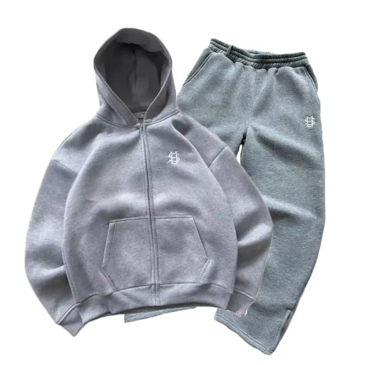 Set Damă Hanorac cu Fermuar și Glugă și Pantaloni cu Talie Elastică Polyester Culoare Gri Costum Sportiv pentru Sport și Timp Liber