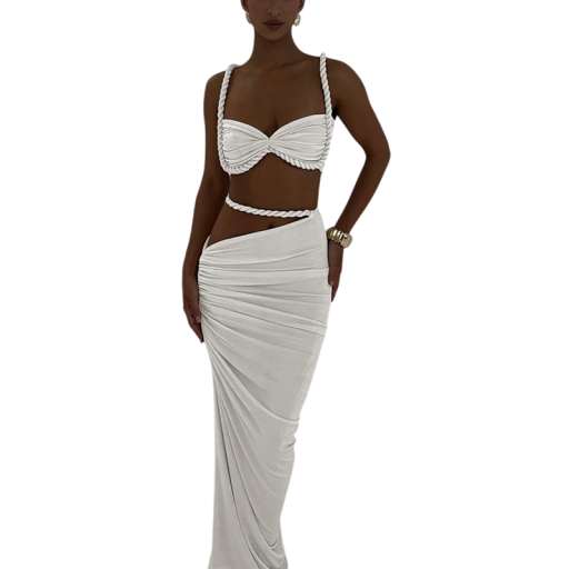 Set damă top și fustă Crop top cu bretele Fustă maxi lungă plisată Elastan și poliester Compleu din două piese pentru seară și ocazii festive