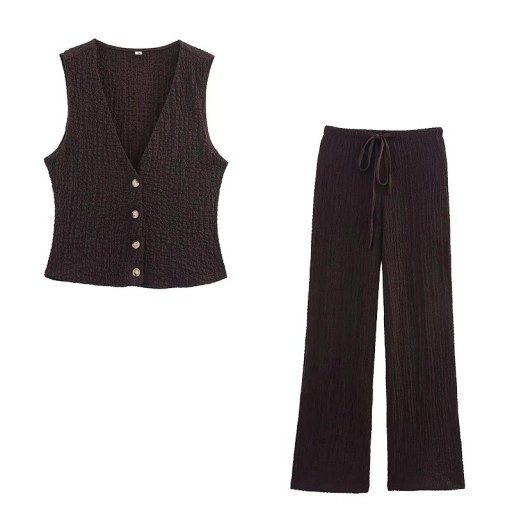 Set damă vestă și pantaloni Vesta cu nasturi și decolteu în V Pantaloni largi cu șnur de ajustare Poliester Complect din două piese pentru purtare