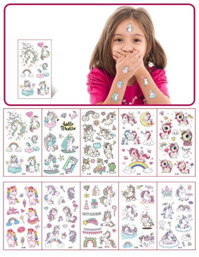 Set de 10 coli de tatuaje temporare 12 x 7 cm cu unicorni, curcubeie, stele și inimi, autocolante colorate pentru corp