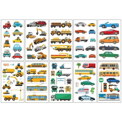 Set de 10 coli de tatuaje temporare cu mașini, autobuze, trenuri și utilaje de construcție, autocolante pentru corp pentru distracție.