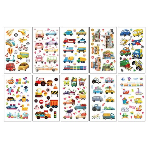 Set de 10 foițe cu tatuaje temporare cu mașini colorate, avioane, bărci, trenuri și utilaje de construcții, autocolante pentru corp pentru distracție.