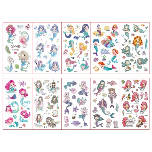 Set de 10 foițe de tatuaje temporare 12 x 7 cm cu sirene, autocolante colorate pentru copii cu motive subacvatice