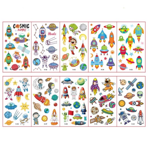 Set de 10 foițe de tatuaje temporare 12 x 7 cm univers rachete planete astronauți autocolante pentru copii