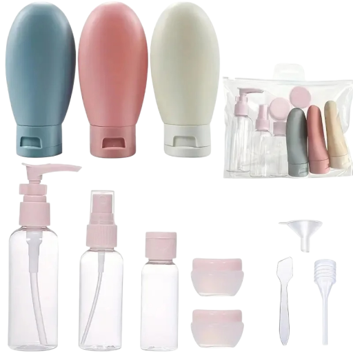 Set de 11 sticle cosmetice reîncărcabile pentru călătorie, parfumuri, șampoane, lichide, spray-uri, recipiente compacte pentru loțiune și gel de duș