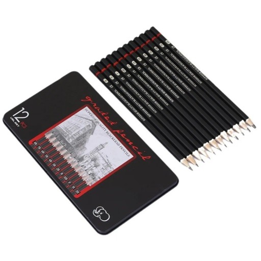 Set de 12 creioane de desen 2H-8B într-o cutie metalică Creioane artistice din lemn pentru scris și desen Rechizite școlare și de birou Agenda