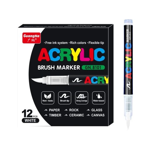 Set de 12 markere acrilice albe, rezistente la apă, cu vârf de pensulă, pentru desen pe sticlă, plastic, metal, lemn, piatră, hârtie, creație