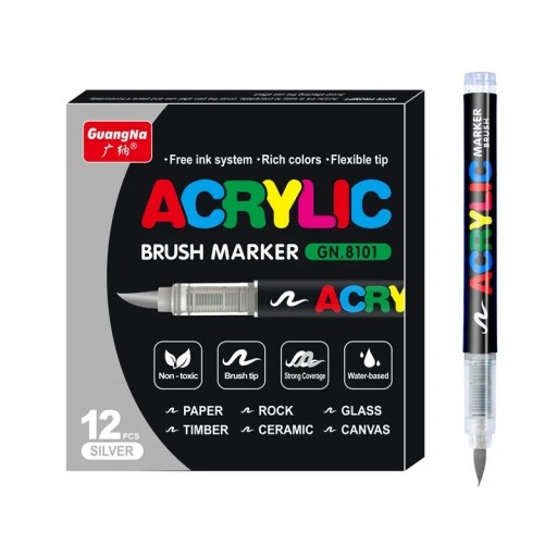 Set de 12 markere acrilice argintii, rezistente la apă, cu vârf de pensulă, pentru desen pe sticlă, plastic, piatră, lemn, metal, hârtie, meșteșuguri