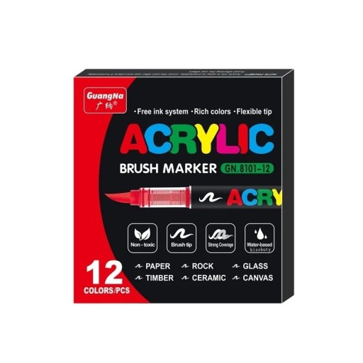 Set de 12 markere acrilice colorate, pixuri de pictură impermeabile cu vârf de pensulă pentru hârtie, lemn, plastic, piatră, sticlă, metal, creație creativă