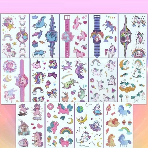 Set de 14 foițe de tatuaje temporare strălucitoare cu motiv de unicorni, autocolante pentru corp și decorațiuni rezistente la apă pentru copii