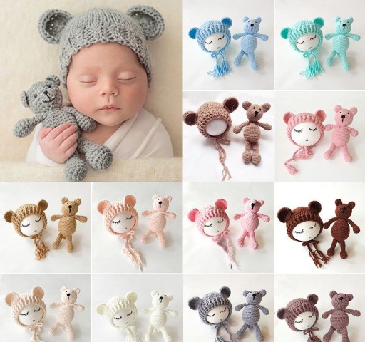 Set de 2 gorros y osito de peluche para niños