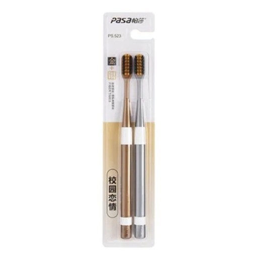Set de 2 periuțe de dinți din bambus de 19 cm cu cărbune activ Aurie și argintie Perii moi fine Periuțe ecologice pentru cupluri și adulți