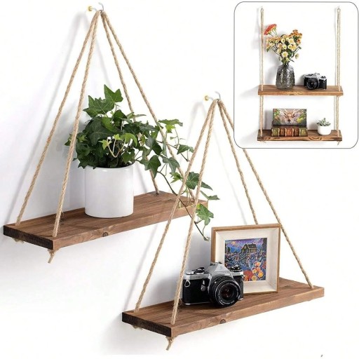 Set de 2 rafturi suspendate din lemn natural Rafturi suspendate pe frânghii Decor minimalist de perete, stil boho, stil loft