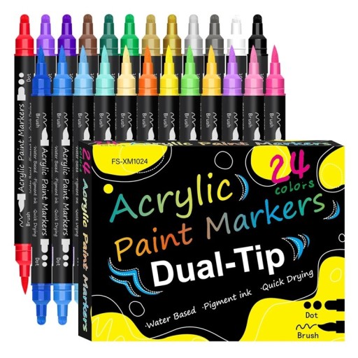 Set de 24 markere acrilice pentru pictură, stilou dublu cu pensulă și vârf punctat pentru pietre, lemn, ceramică, material textil, pânză și decorațiuni DIY
