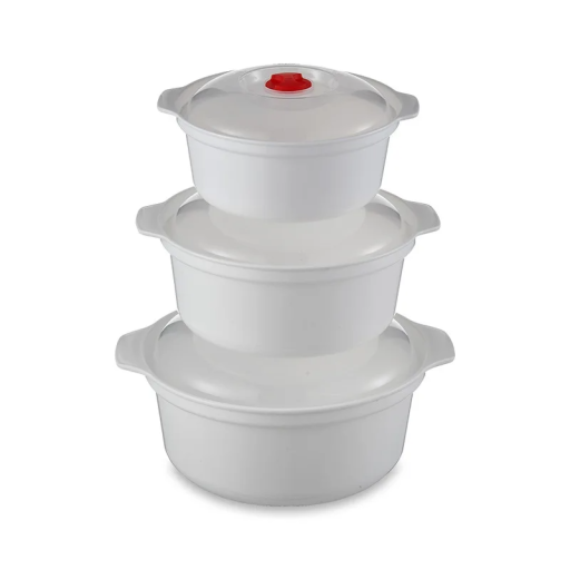 Set de 3 boluri din plastic pentru cuptorul cu microunde cu capace și supape.