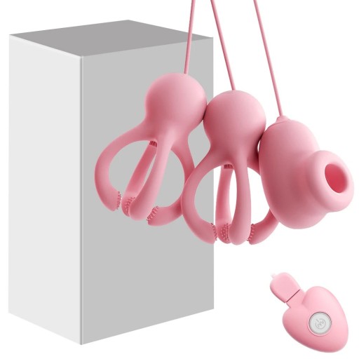Set de 3 instrumente de masaj din silicon cu 20 de moduri de vibrație și aspirație pentru mameloane, clitoris sau vârful penisului cu telecomandă USB ambalaj discret