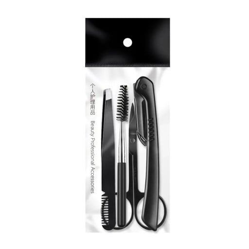 Set de 4 piese pentru îngrijirea sprâncenelor cu foarfece, pensetă, periuță și brici pliabil negru, set cosmetic pentru femei 6 x 15,5 cm