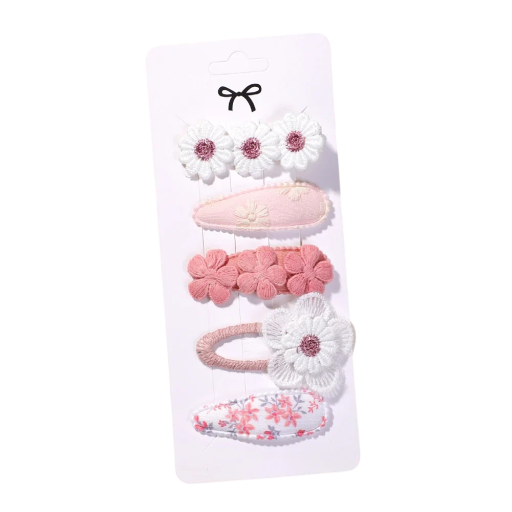 Set de 5 agrafe de par pentru copii roz cu flori Accesorii de par dragute Design floral Clips decorative pentru fete Culori pastelate moi Stil elegant