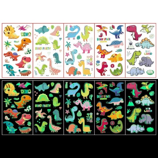 Set de 5 coli de tatuaje temporare luminoase cu dinozauri autocolante colorate pentru copii cu efect de zi și noapte