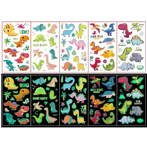 Set de 5 coli de tatuaje temporare luminoase cu dinozauri autocolante colorate pentru copii cu efect de zi și noapte