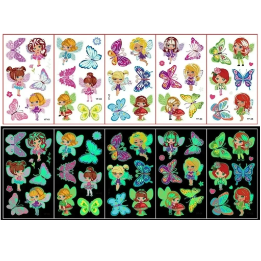 Set de 5 foi de tatuaje temporare luminoase cu sirene, autocolante colorate pentru corp pentru copii cu efect de zi și noapte