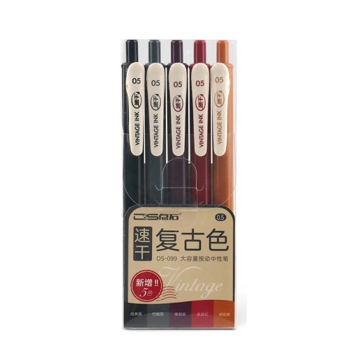 Set de 5 pixuri cu gel vintage, 0,5 mm, colorate, cu uscare rapidă, design retractabil pentru planificare școlară, desen, 145 mm, plastic
