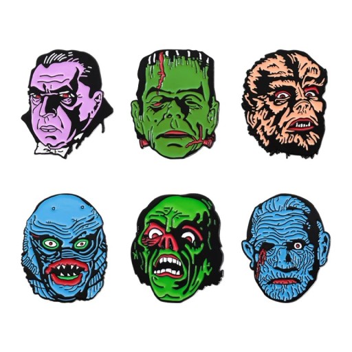 Set de 6 broșe metalice cu personaje de horror monștri cca 3,8 x 3 cm insigne pin multicolore cu motive înfricoșătoare accesoriu pentru îmbrăcăminte