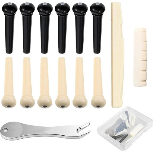 Set de accesorii pentru chitară acustică 14 piese Extractor de piulițe Șa Nut 6 piulițe negre și 6 piulițe din fildeș pentru pod