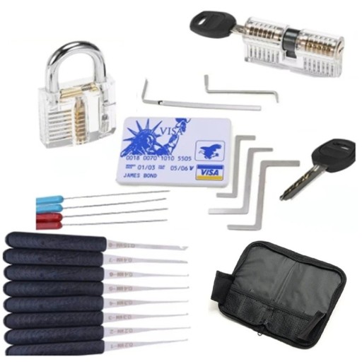Set de antrenament pentru lăcătușerie 5 în 1, lacăte transparente cu cheie tensionată și extractor de chei sparte, set educațional pentru spărgătorii de lacăte
