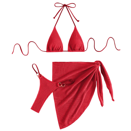 Set de bikini structurat pentru damă, cu top cu legat. Croială triunghiulară, chiloți cu detalii metalice și fustă de plajă pareo