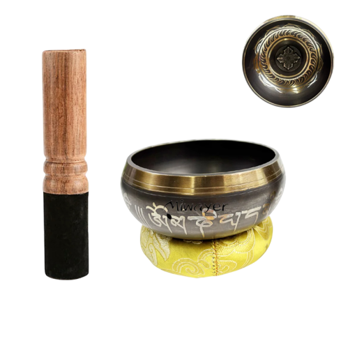 Set de boluri tibetane cântătoare de 10.5 cm cu pernuță și ciocănel din piele pentru meditație, yoga, relaxare, armonia chakrelor și rugăciune