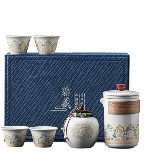 Set de ceai de călătorie portabil, ceainic 250 ml cu 4 cești și cutie pentru ceai, porțelan lucrat manual, în cutie de cadou pentru camping