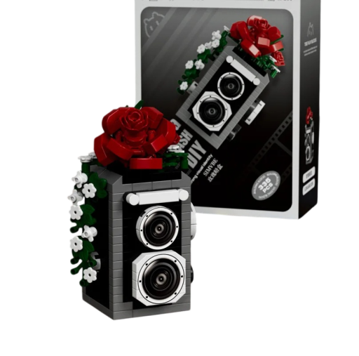 Set de construcție a unui aparat foto retro cu motiv floral 3D decorare din blocuri Model creativ cu trandafir pentru adulți și copii mai mari