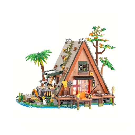 Set de construcție Cabana Triunghiulară din Pădure 24 x 21 x 21 cm Model detaliat de cabană lângă lac cu terasă și grădină Set decorativ creativ cu 1486 de piese