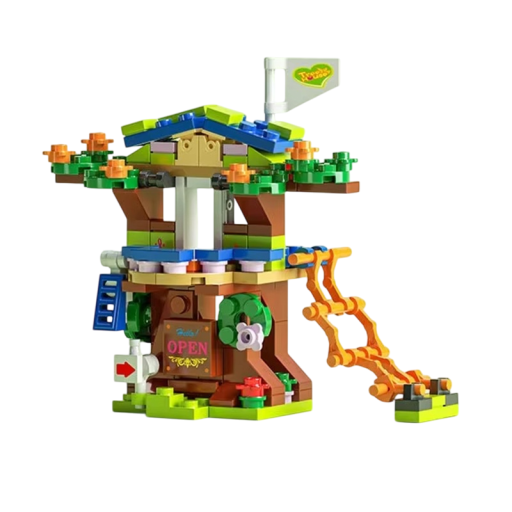 Set de construcție casă în copac 12 x 6,5 x 10 cm Set 152 bucăți Blocuri cu cărămizi Elemente de escaladă și tobogan Model creativ pentru copii ca cadou