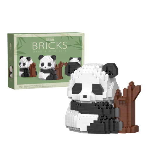 Set de construcție drăguț pentru copii în formă de panda, care stă sprijinită de un buturugă de lemn, 470 de piese de puzzle