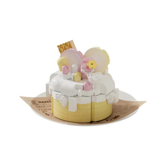 Set de construcție pentru tort în culori alb-gălbui cu decorațiuni din cuburi în formă de cupole, flori și biscuiți 5,5 x 3,5 x 4,5 cm Model decorativ