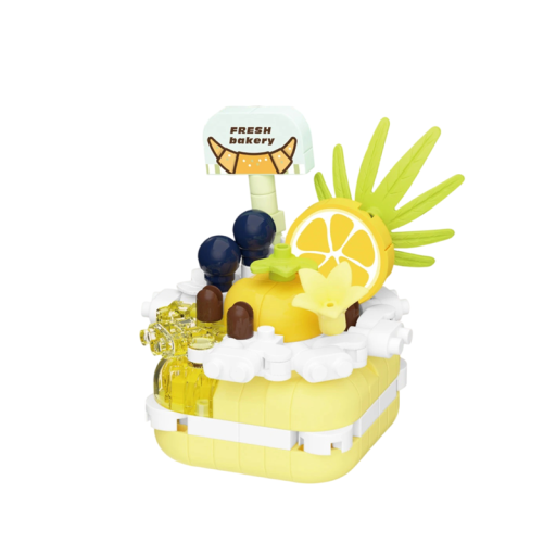 Set de construcție tort 5 x 4,1 x 5,2 cm Desert galben cu lămâie, afine, frunze și decorațiuni Set creativ mini de construcție 188 piese