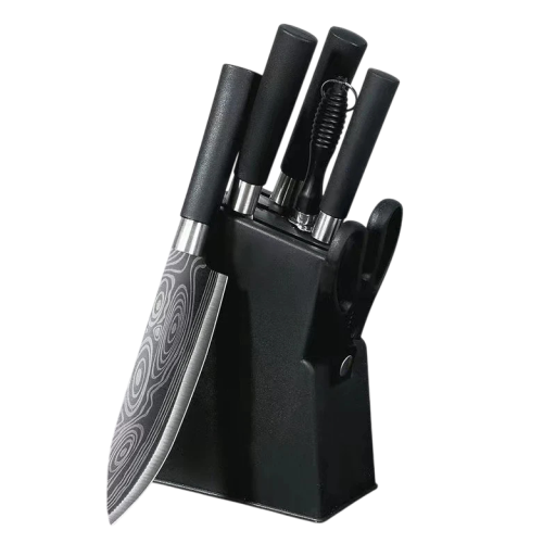 Set de cuțite de bucătărie din oțel inoxidabil, 7 piese, cu foarfece și ascuțitoare cu model laser Damasc, cuțite de gătit ascuțite, set universal de tăiere